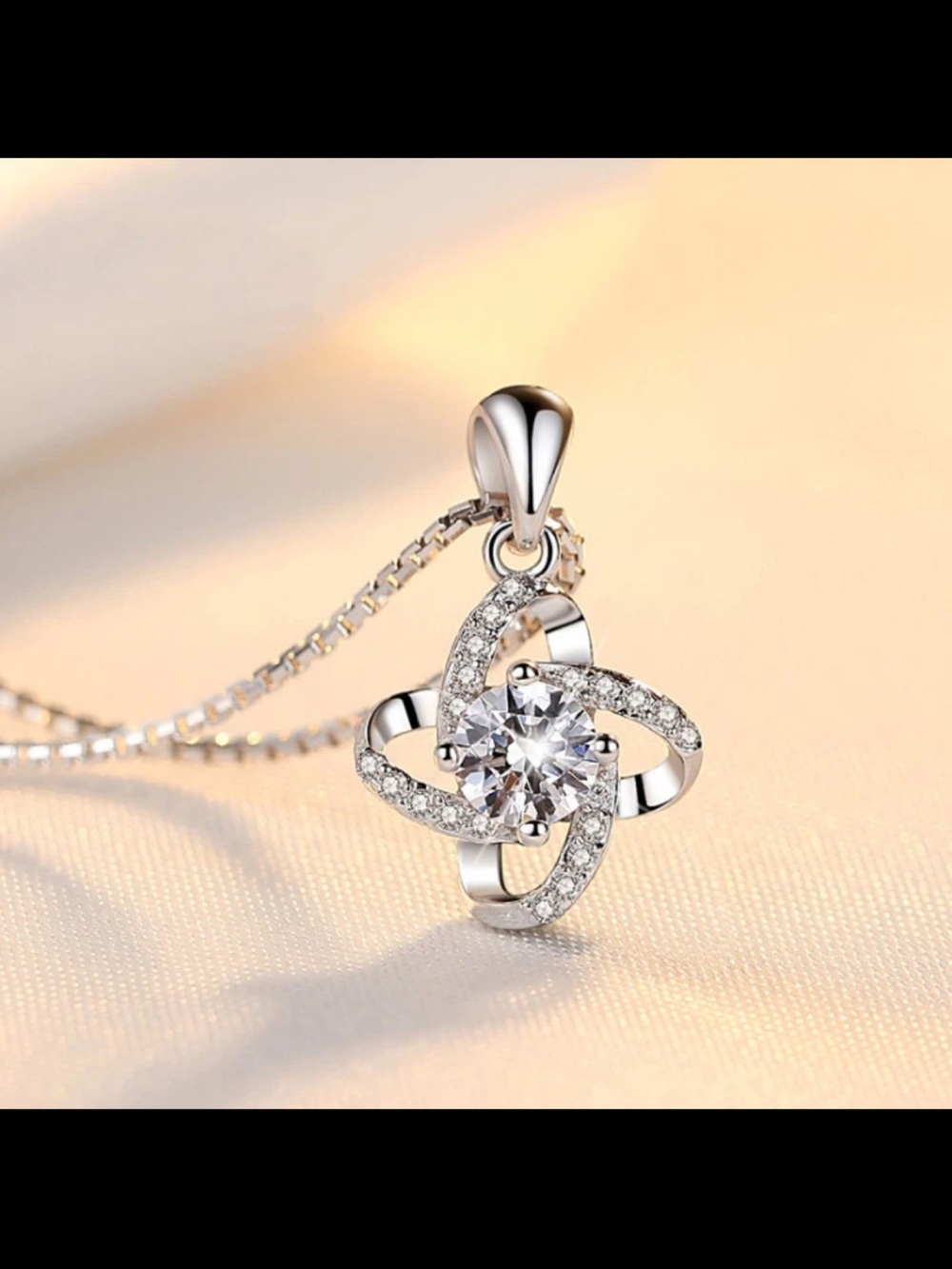 925 Sterling Silver Necklace Clear CZ Swirl Pendant Box Chain 18”